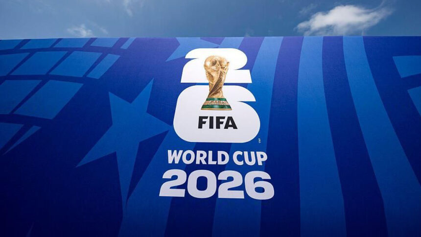Television screen displaying a live broadcast of a FIFA World Cup 2026 football match